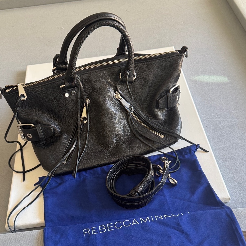 Rebecca Minkoff Black Large Pebbled Moto Leather Satchel Crossbody Silver Zipper - Picture 5 of 12